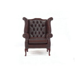 Chesterfield High Back Wing Chair Antique Brown Real Leather In Queen Anne Style - thumbnail 5