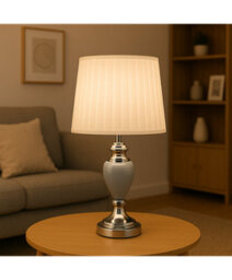 Lighting Supermarket Malham Grey Ceramic Table Lamp With Ivory Pleated Shade - Modern Grey & Silver - thumbnail 4