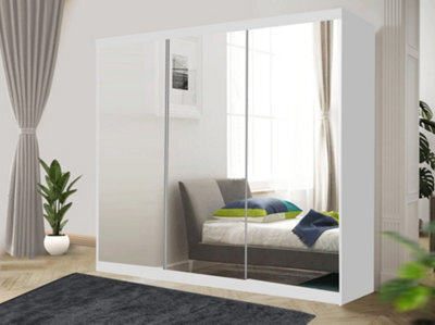RAC3 Sliding Wardrobe With Mirror Space Saving Bedroom Wardrobe, Contemporary Bedroom Sliding Wardrobe & Mirror Wardrobe (White, 250Cm) - image 1