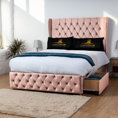 UKBEDFURNITURE Luxor Pink Plush Wingback Divan Bed With 2 Foot End Drawers & 54 Inch Headboard - image 1