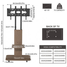 Aesome Mobile Tv Floor Stand For 40-75 Inch Tvs With Wheels, 2 Shelves, Adjustable Height & Tilt, 60Kg Capacity - thumbnail 2