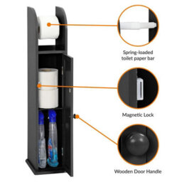 Taylor & Brown Grey Wooden Toilet Paper Holder Cabinet With Shelf, Free Standing Bathroom Tissue Storage, 18X20X79Cm (Black) - thumbnail 4
