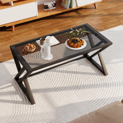Huhote Modern Open Design Rectangular Grey Glass Coffee Table Black Metal Frame 39X19X18 In End Side Table Beside Table For Home - image 1