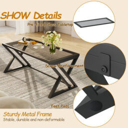 Huhote Modern Open Design Rectangular Grey Glass Coffee Table Black Metal Frame 39X19X18 In End Side Table Beside Table For Home - thumbnail 2