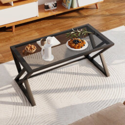 Huhote Modern Open Design Rectangular Grey Glass Coffee Table Black Metal Frame 39X19X18 In End Side Table Beside Table For Home