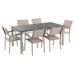Beliani Garden Dining Set 6 Seater Grosseto Granite Polished Black/ Beige - thumbnail 1