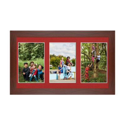 AK Frames 40X20Cm Rose Wood Modern Multi Photo Frame With Crimson Mount - Holds 3 Apertures (3X) 6X4 Photos - image 1