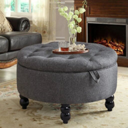 Linen Blanket Box Pouffe Bench Footstool Round Ottoman Storage Box - thumbnail 1