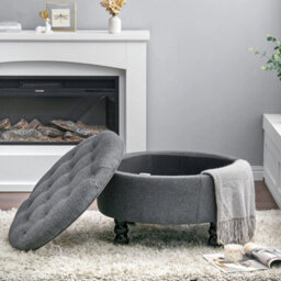 Linen Blanket Box Pouffe Bench Footstool Round Ottoman Storage Box - thumbnail 3