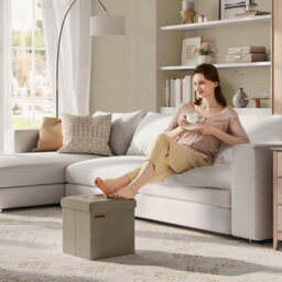 Songmics Versatile Storage Ottoman, Collapsible Foot Stool With Compartment, Living Room Seating, Camel Brown - thumbnail 1
