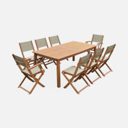 Sweeek - 8-Seater Extendable Wooden Garden Table With 8 Chairs Eucalyptus Wood And Taupe-Grey Textilene - Almeria 8 - thumbnail 2