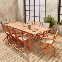 Sweeek - 8-Seater Extendable Wooden Garden Table With 8 Chairs Eucalyptus Wood And Taupe-Grey Textilene - Almeria 8 - thumbnail 6