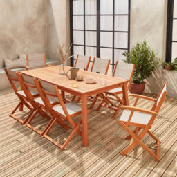 Sweeek - 8-Seater Extendable Wooden Garden Table With 8 Chairs Eucalyptus Wood And Taupe-Grey Textilene - Almeria 8 - thumbnail 7
