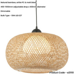 Loops Hanging Ceiling Pendant Light - Natural Bamboo White Pc & Matt Black - 10W Led E27 - thumbnail 2
