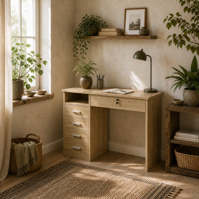 Wyld Haus Yodino 110Cm Oak Finish Home Office Desk With 5 Drawers And Side Shelving - image 1