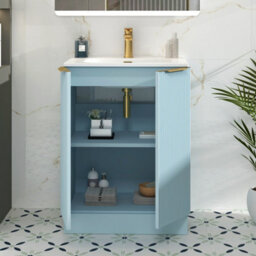 Royal Bathrooms Evora 700mm Powder Blue Fluted Floor Standing Bathroom Vanity Unit 2 Door With Ceramic Basin Sink & Brass Handles - thumbnail 4