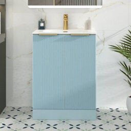 Royal Bathrooms Evora 700mm Powder Blue Fluted Floor Standing Bathroom Vanity Unit 2 Door With Ceramic Basin Sink & Brass Handles