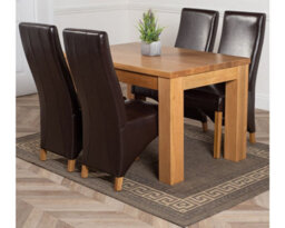 That's Furniture Dakota 127 X 82 Cm Chunky Oak Small Dining Table And 4 Chairs Dining Set With Lola Brown Leather Chairs