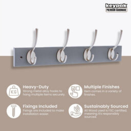 Keypak Victorian 4 Hook Wall-Mount Wooden Coat Rack, 45Cm - Slate Grey With Satin Nickel Hooks - Fixings Included - thumbnail 7
