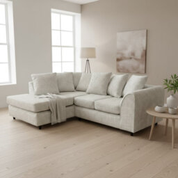 Abakus Direct Jumbo Chenille Corner Sofa In Stone Grey Left Facing With Plush Chaise Extension