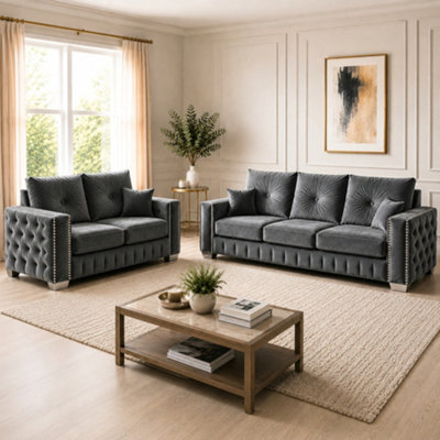 Stratus Interiors Layla Luxury Upholstered Sofa With Metal Stud Detailing, Deep Tufted Panels, Plush Cushions For Living Room- Grey - 2&3 Seater Set - image 1