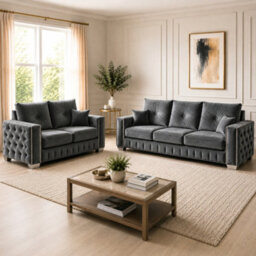Stratus Interiors Layla Luxury Upholstered Sofa With Metal Stud Detailing, Deep Tufted Panels, Plush Cushions For Living Room- Grey - 2&3 Seater Set