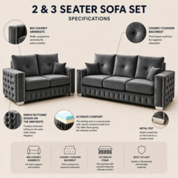 Stratus Interiors Layla Luxury Upholstered Sofa With Metal Stud Detailing, Deep Tufted Panels, Plush Cushions For Living Room- Grey - 2&3 Seater Set - thumbnail 2