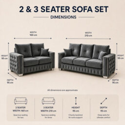 Stratus Interiors Layla Luxury Upholstered Sofa With Metal Stud Detailing, Deep Tufted Panels, Plush Cushions For Living Room- Grey - 2&3 Seater Set - thumbnail 3