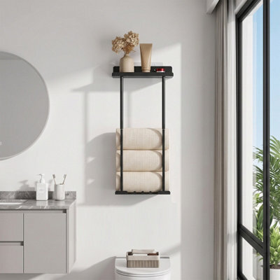 Living And Home Wall Mounted Adjustable Black Carbon Steel Towel Rack Bathroom Storage Organizer With Top Shelf - image 1