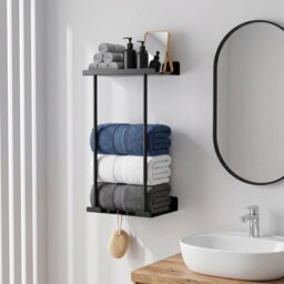 Living And Home Wall Mounted Adjustable Black Carbon Steel Towel Rack Bathroom Storage Organizer With Top Shelf - thumbnail 3