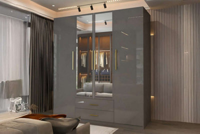 M N Furniture Ltd Modern High Gloss 2, 3 Or 4 Door Wardrobe With Mirror, Shelves, Hanging Rail And Drawers - (Grey,160Cm) - image 1