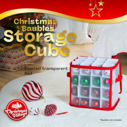 Christmas Village Red Bauble And Decoration Storage Cube With Padded Dividers Zipped Lid Handles And Capacity For 64 Ornaments - thumbnail 2