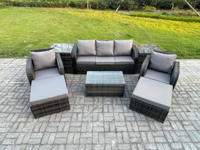 Fimous Rattan Garden Furniture Set Patio Outdoor Lounge Sofa Set With Rectangular Coffee Table 2 Big Footstool 3 Seater Sofa - image 1