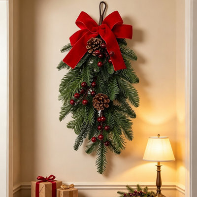 CLEFFNS 50Cm Christmas Teardrop Swags Outdoor, Artificial Cedar Swag With Red Bow Ribbon, Pine Cones, Red Berries, Winter Pine Branches - image 1