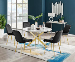 Furniturebox Uk Novara White Marble Gold Leg 120Cm Round Dining Table & 6 Black Pesaro Gold Leg Chairs - thumbnail 1