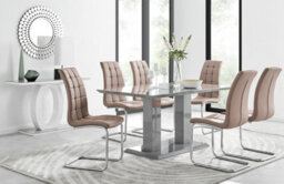 Furniturebox Imperia Grey High Gloss 6 Seater Dining Table With Structural 2 Plinth Column Legs 6 Beige Padded Faux Leather Murano Chairs - thumbnail 1