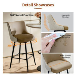 Fativo L50X W48X H100Cm Set Of 2 Swivel Bar Stools, Microfiber Leather Upholstered With High Back & Footrest, Light Khaki - thumbnail 7