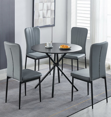 Hallowood Furniture Cullompton Small Black Round Dining Table 90Cm With 4 Light Grey Faux Leather Chairs - image 1