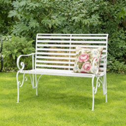 Melody Maison White Metal Ornate Distressed Garden Bench - 100Cm X 92Cm - thumbnail 1