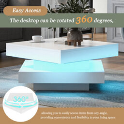 Abrihome White Square High Gloss Coffee Table With Rotating Top, Tea Table With 16-Color Led Light, 70X70X36 Cm - thumbnail 6