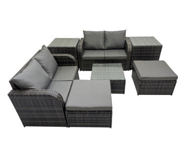 Fimous Rattan Garden Outdoor Furniture Set Love Sofa Square Coffee Table Set With 2 Side Table 2 Big Stools Dark Grey Mixed - image 1