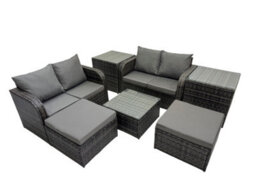 Fimous Rattan Garden Outdoor Furniture Set Love Sofa Square Coffee Table Set With 2 Side Table 2 Big Stools Dark Grey Mixed - thumbnail 2