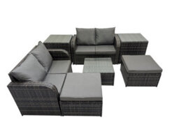 Fimous Rattan Garden Outdoor Furniture Set Love Sofa Square Coffee Table Set With 2 Side Table 2 Big Stools Dark Grey Mixed - thumbnail 1