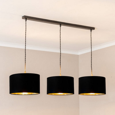Valuelights Reni Black & Gold Drum Shade 3 Drop Bar Black Diner Ceiling Light And Led Bulbs - image 1