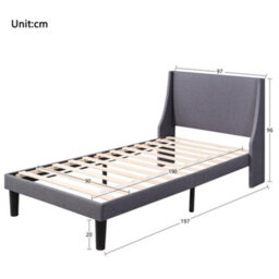 Abrihome 3Ft Single Bed, Soft Linen Upholstered Bed With Winged Headboard, Wood Slat Support, Grey - thumbnail 2