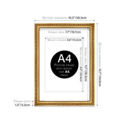 A4 Gold Ornate Picture Frame (29.7 X 21Cm) With Mount For A5 Poster, Photo, Artwork, Gallery Wall Or Print - thumbnail 2