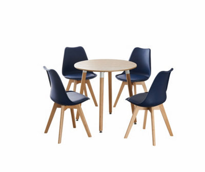 Life Interiors 5Pcs Dining Set - An Oak Round Dining Table & Set Of 4 Royal Blue Lorenzo Tulip Chairs With Padded Seat - image 1