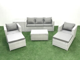 Fimous Rattan Garden Furniture Set 3 Seater Sofa 2 Chair Rectangular Coffee Table 2 Big Stools Side Table Light Grey - thumbnail 1