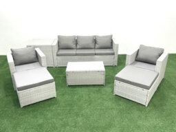 Fimous Rattan Garden Furniture Set 3 Seater Sofa 2 Chair Rectangular Coffee Table 2 Big Stools Side Table Light Grey - thumbnail 2