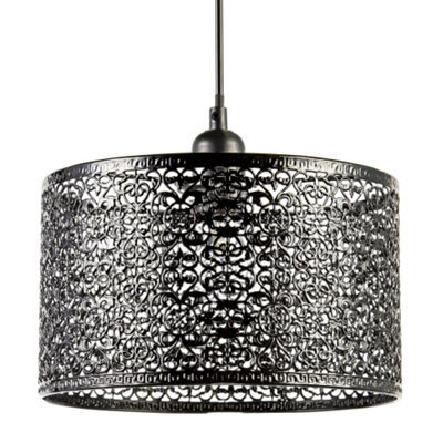 Happy Homewares Ornate Moroccan Style Decorated Black Gloss Metal Pendant Lamp Shade - image 1